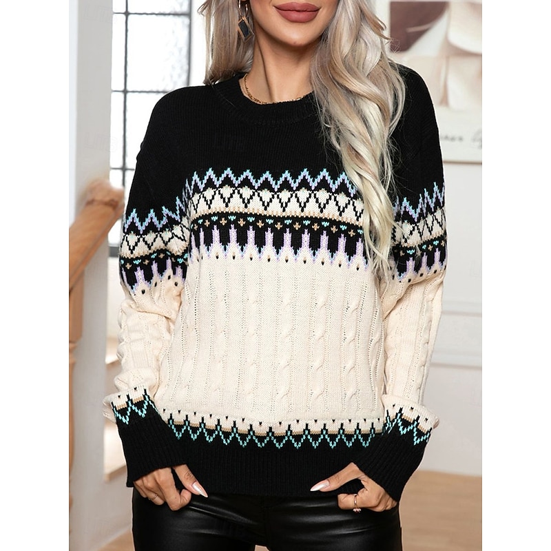 Women's Sweater Pullover Sweater Jumper Fair Isle Sweater Casual Soft Geometric Ribbed Crew Neck Knitted Long Sleeve Regular Tops Knit Outdoor Daily Weekend Black Fall Winter3