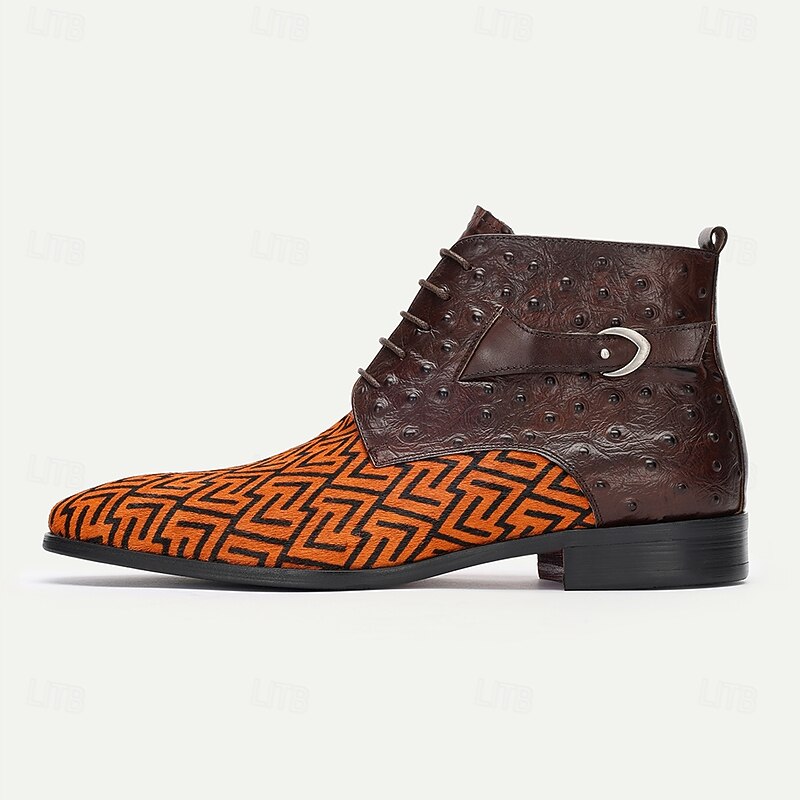Men's Premium Cowhide Leather with Pony Hair Ankle Boots - Geometric Pattern Lace-Up Stylish Casual & Formal Shoes4