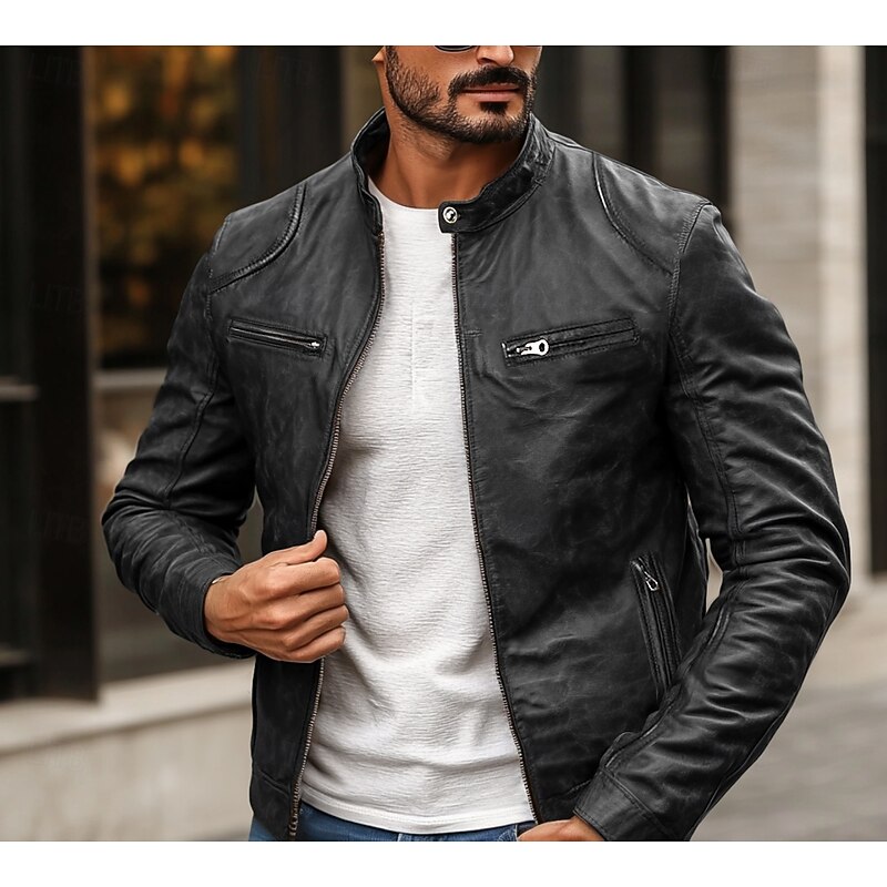 Men's Faux Leather Jacket Biker Jacket Motorcycle Jacket Daily Thermal Warm Rain Waterproof Zipper Fall & Winter Solid Colored Punk Vintage Stand Collar Regular Black Blue Brown Coffee Jacket4