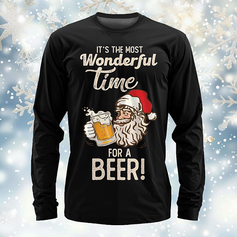 Christmas Men's Santa Claus Oktoberfest Beer T Shirt Long Sleeve T shirt 3D Print Crew Neck Shirt Daily Designer Festival Party Street Casual Black Burgundy Green Summer Spring Fall Clothing Apparel4