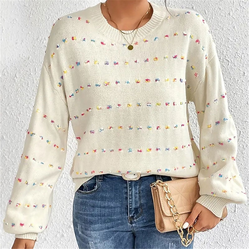 Women's Sweater Pullover Sweater Jumper Casual Soft Pure Color Ribbed Crew Neck Patchwork Knitted Long Sleeve Regular Tops Knit Outdoor Daily Weekend Apricot Fall Winter3