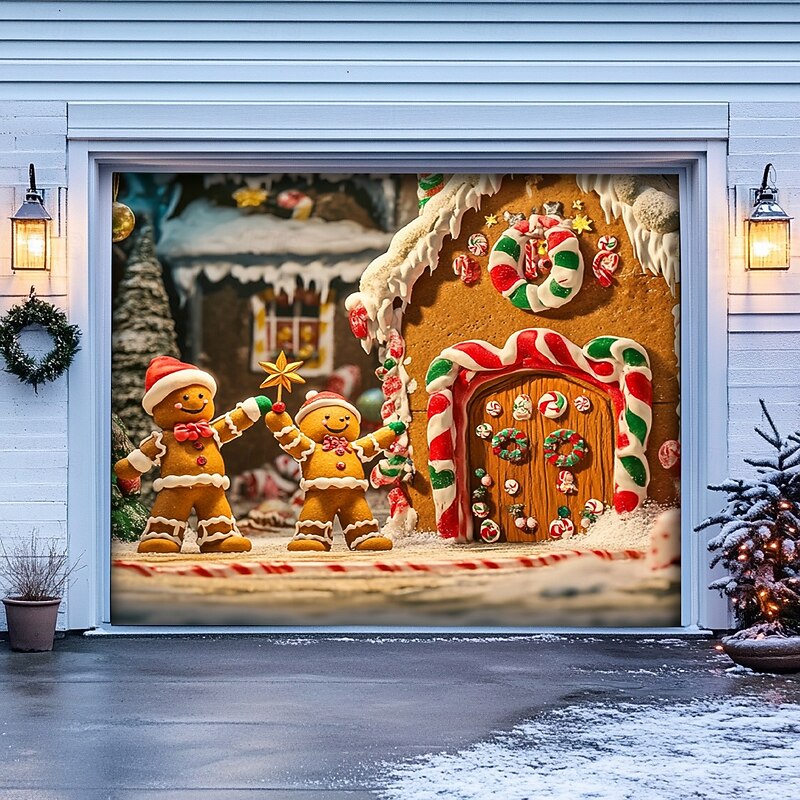 Christmas Door Decorations Garage Door Cover Xmas Candy Canes Gifts Gingerbread Outdoor Banner Large Christmas Backdrop for Holiday Outdoor Garage Door Home Wall Decorations 7