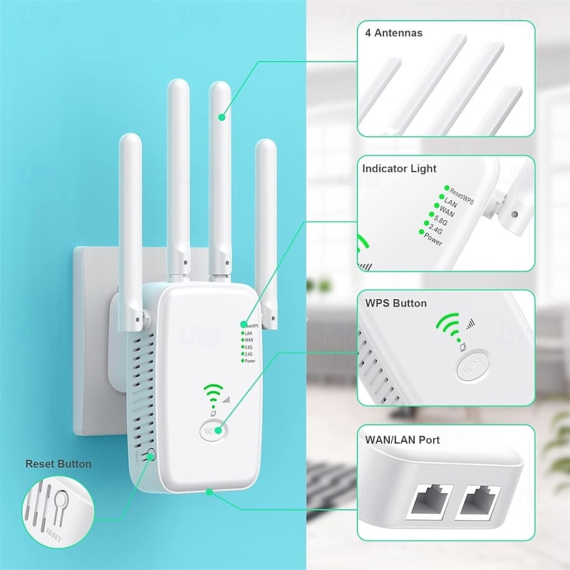 WLAN Repeater 1200 Mbit/s WLAN Amplifier WiFi Repeater Dual Band 5 GHz & 2.4 GHz WiFi Extender 2 Ethernet LAN/WAN Ports WPS with Repeater/Router/AP Mode