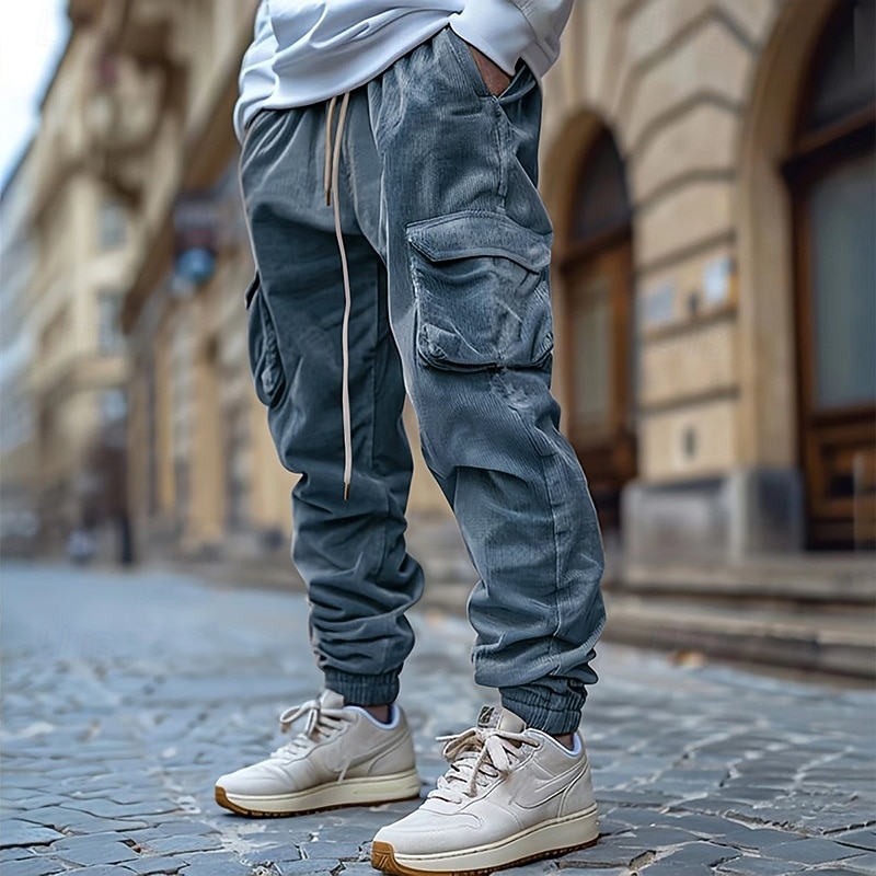 Men's Cargo Pants Corduroy Pants Trousers Casual Pants Jogger Pants Drawstring Elastic Waist Multi Pocket Plain Comfort Warm Full Length Outdoor Casual Daily Fashion Streetwear Black Blue3