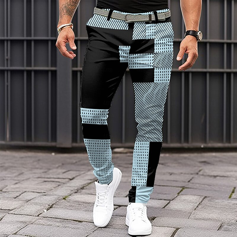 Men's Geometric Color Block Patchwork Dress Pants Mid Waist Business Casual Formal Dailywear Zipper Pocket Summer Spring Fall 3D Print Black Pink Blue3