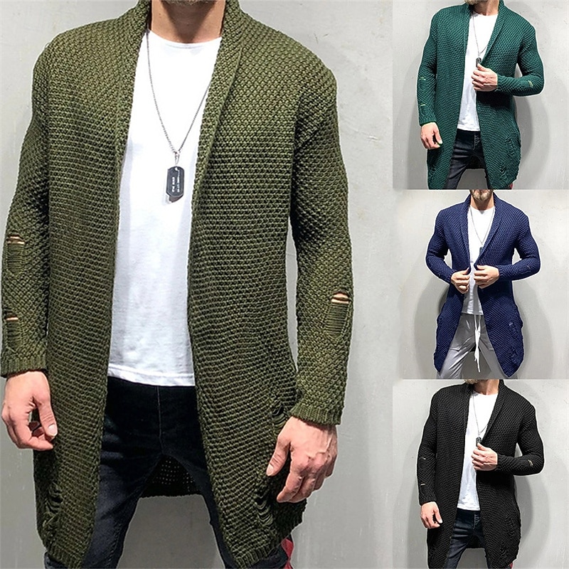 Men's Cardigan Sweater Cropped  Sweater Knit Sweater Ribbed Knit Tunic Pocket Plain Shawl Collar Fashion Classic Daily Wear Date Clothing Apparel Fall & Winter Black Navy Blue S M L