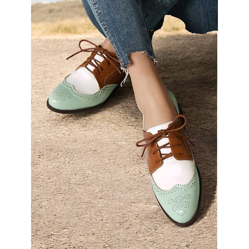 Women's Vintage Oxford Shoes in Mint Green, Brown, and White - Lace-Up Brogue Wingtip Dress Shoes for Casual and Semi-Formal Wear2