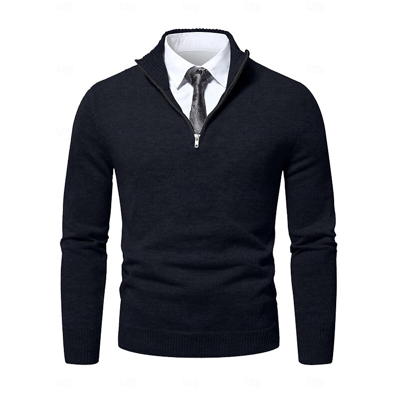 Men's Sweater Pullover Sweater Jumper Dress Sweater Ribbed Knit Cropped Zipper Knitted Solid Color Stand Collar Stylish Basic Outdoor Daily Clothing Apparel Fall Winter Black Royal Blue S M L4