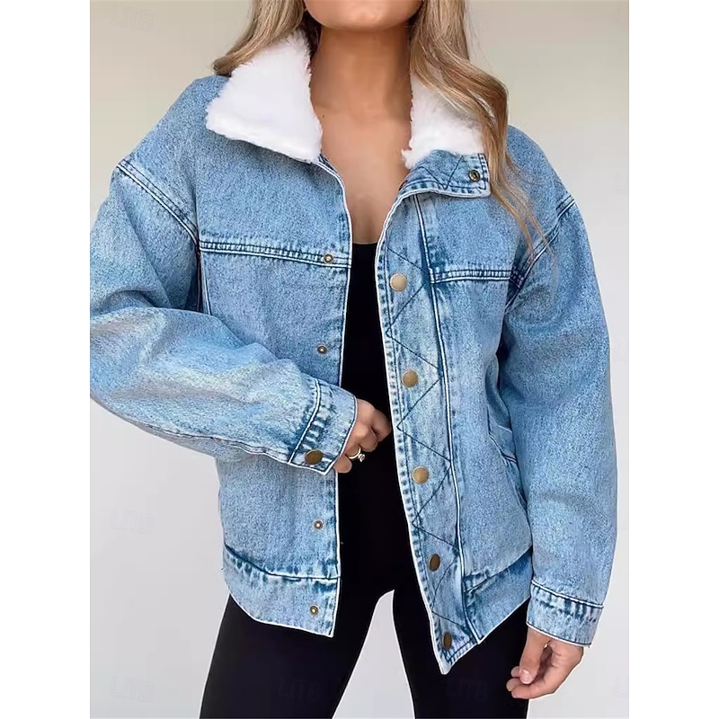 Women's Denim Jacket Outdoor Street Daily Wear Fall Winter Regular Coat Regular Fit Thermal Warm Breathable Stylish Casual Jacket Long Sleeve Solid Color with Pockets Fur Collar Blue3