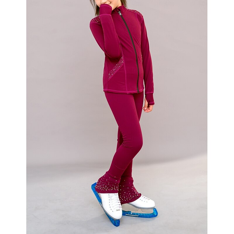 Figure Skating Fleece Jacket Figure Skating Pants Figure Skating Jacket with Pants Women's Girls' Ice Skating Jacket Tights Outfits Burgundy Patchwork Thumbhole Spandex Stretchy Training Practice3