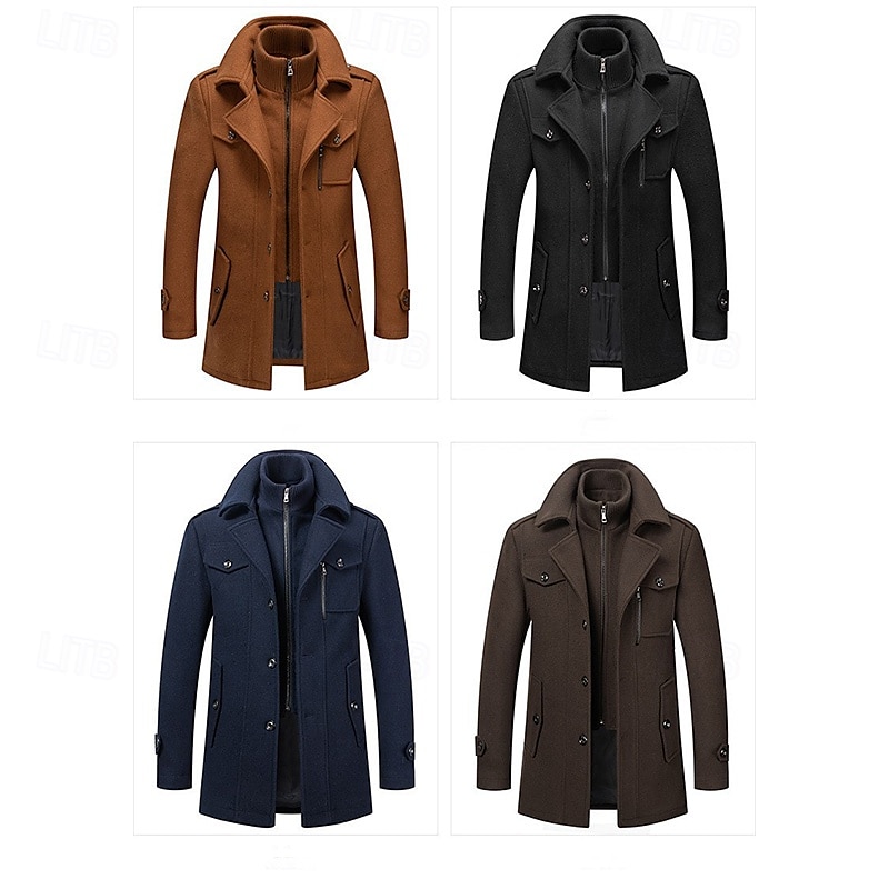 Men's Winter Coat Winter Jacket Trench Coat Fake two piece Wool Pocket Business Casual WorkWear Long Active Vintage Fashion Windproof Warm Winter Solid Colored Black Navy Blue Orange Brown Puffer4