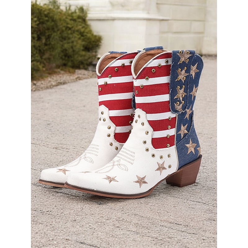 Women's Patriotic Western Cowboy Boots – American Flag Print with Star Embellishments, Vintage-Style Festival and Rodeo Footwear3