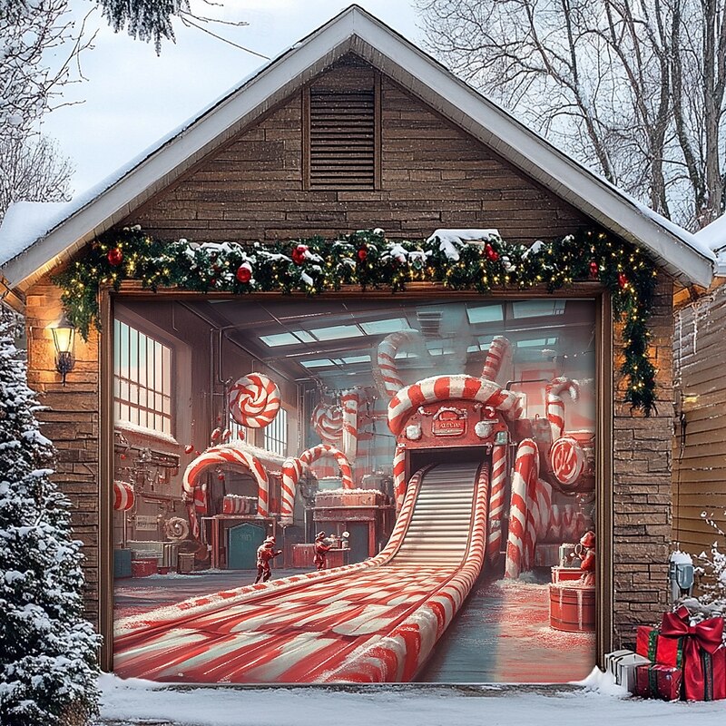 Christmas Door Decorations Garage Door Cover Xmas Candy Canes Gifts Gingerbread Outdoor Banner Large Christmas Backdrop for Holiday Outdoor Garage Door Home Wall Decorations3