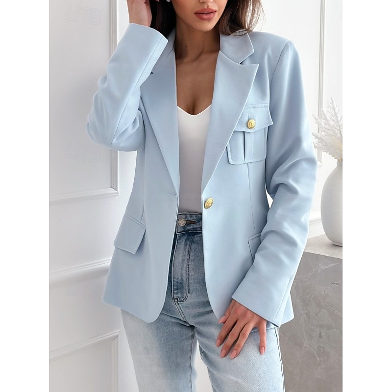 Women's Blazer Work Button Solid Color Casual / Daily Stylish Regular Fit Outerwear Long Sleeve Winter Black S2