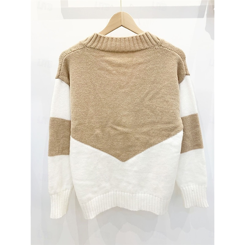Women's Sweater Pullover Sweater Jumper Casual Soft Color Block Ribbed V Neck Knitted Long Sleeve Regular Tops Knit Outdoor Daily Weekend Black Pink Fall Winter2