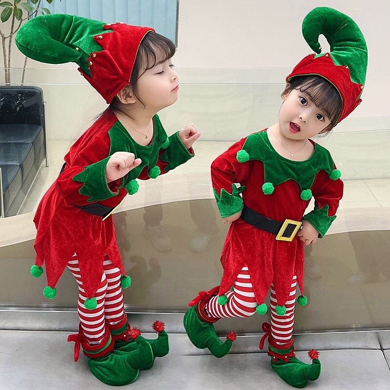 Elf Outfits Christmas Dress Elf Costume Cosplay Costumes Boys' Girls' Christmas Special Kid's Christmas Carnival Masquerade Christmas Party Top Pants Hat2