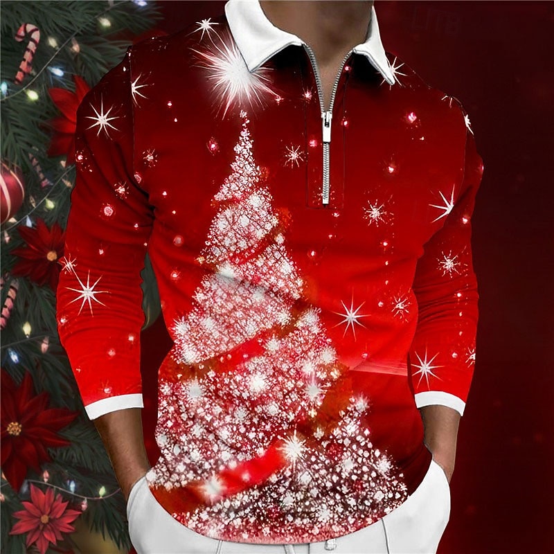 Christmas Men's Christmas Scene 3D Zipper Polo Tree Casual Zip Golf Long Sleeve Outdoor Casual Daily Streetwear Fall & Winter 3D Print Turndown Zip Wine Polyester