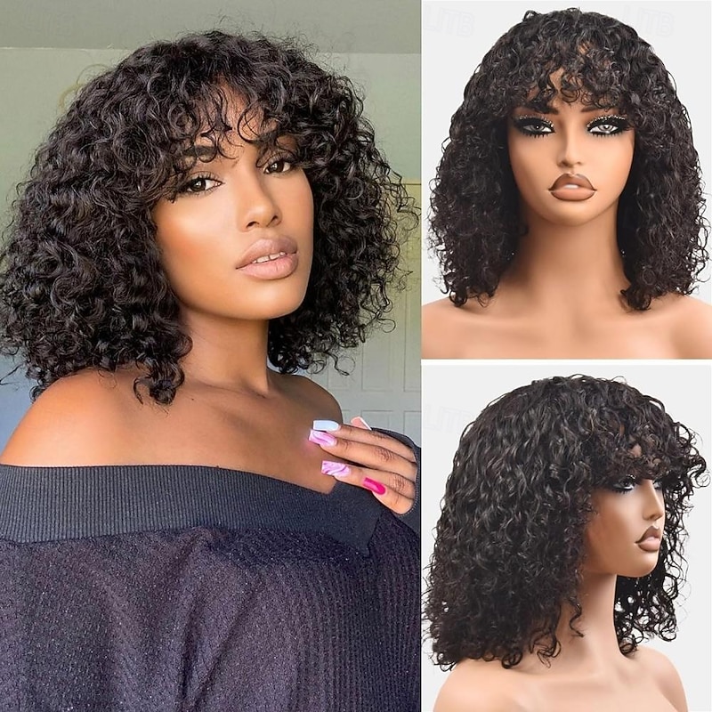 Short Curly Human Hair Wigs Short Curly Bob Wig Human Hair With Bangs For Women Glueless Short Water Wave Human Hair Wig With Bangs Natural Black 12Inch - Main Image