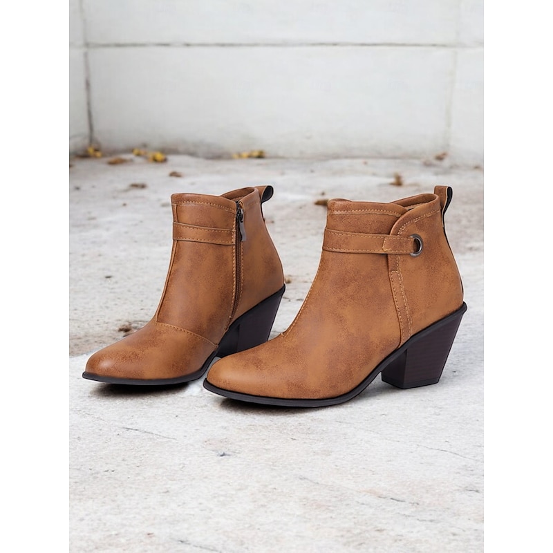 Women's Vintage Western Ankle Boots with Chunky Block Heels – Faux Leather Side-Zip Booties for Casual and Outdoor Wear