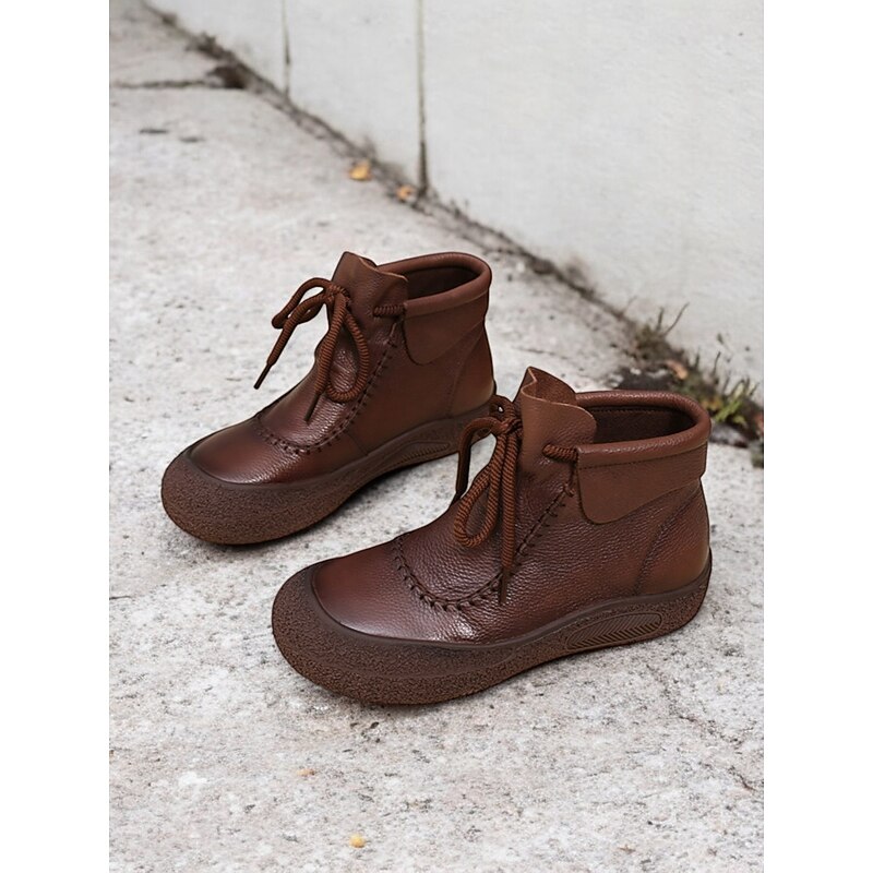 Women's Brown Faux Leather Lace-Up Ankle Boots with Vintage Stitch Detailing, Comfortable Sole for Casual Outdoor Wear2