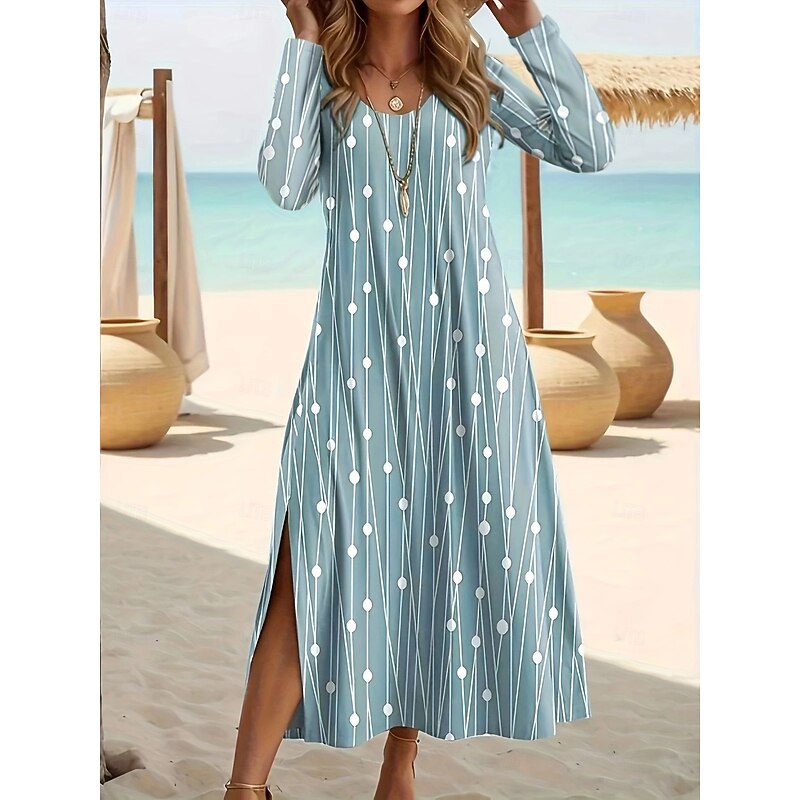 Women's Midi Dress Polka Dot Dress Polka Dot Classic Office Daily Split Long Sleeve Crew Neck Dress Regular Fit Light Sky Blue Fall S M L XL XXL