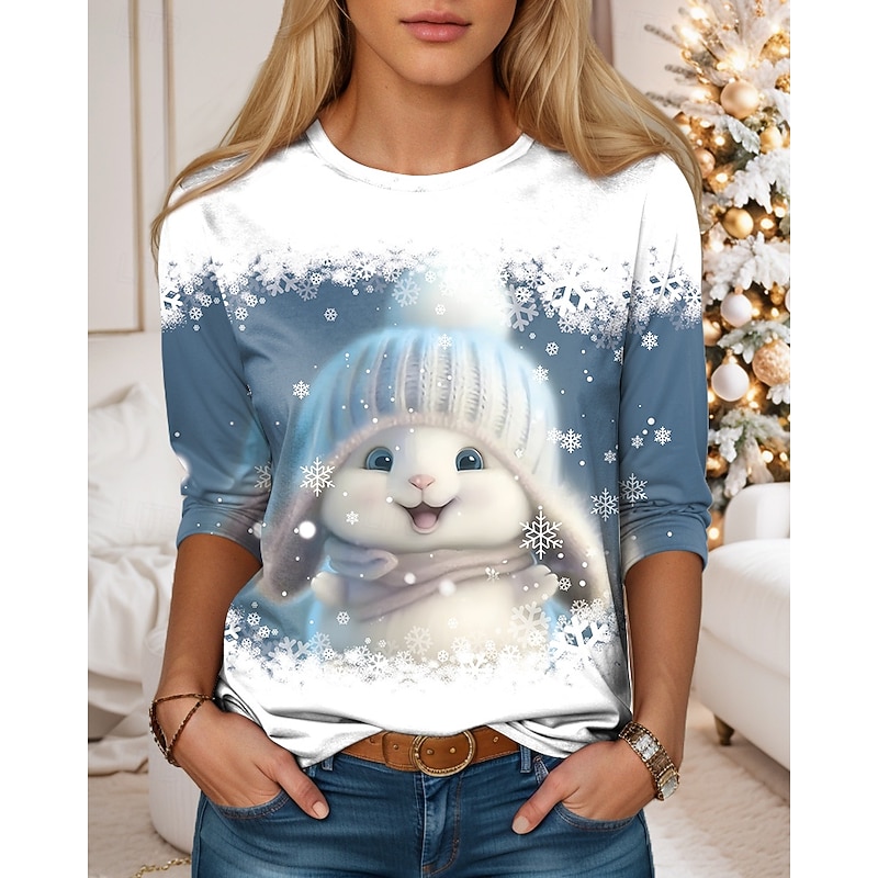 Women's T shirt Long Sleeve Crew Neck Long Sleeve Tunic T-shirt Winter Bunny Graphic Print Casual Holiday Festive Snowflake Pattern Regular Fit Light Blue White Prefall