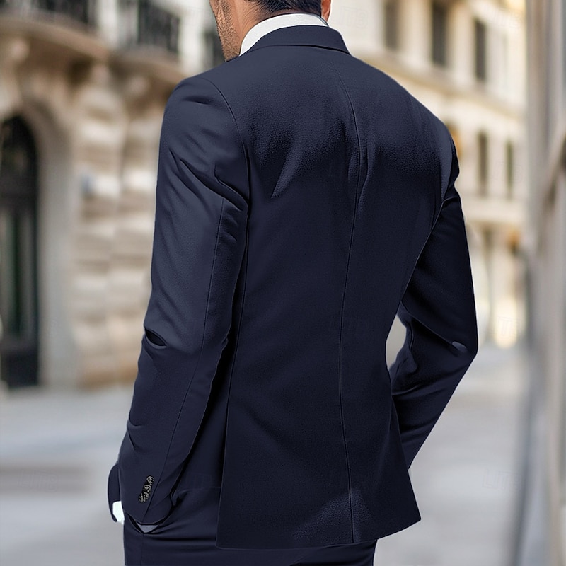 Men's Formal Wedding Suits Peaked Lapel Navy Blue Elegant Fashion Solid Color Tailored Fit 2 Piece2