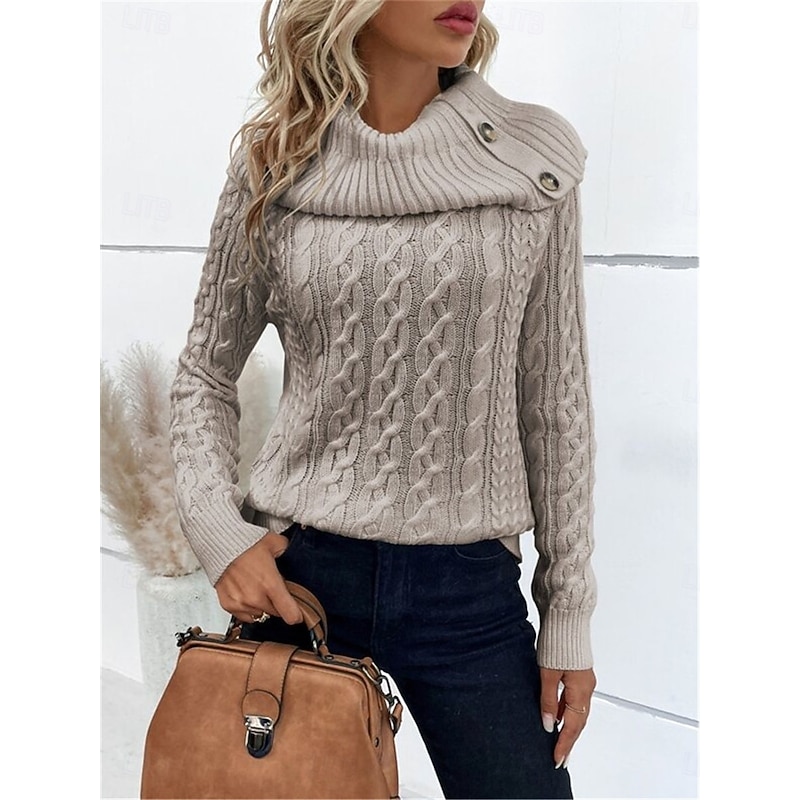 Women's Sweater Pullover Sweater Jumper Casual Soft Pure Color Ribbed Turtleneck Buttons Knitted Long Sleeve Regular Tops Knit Outdoor Daily Weekend Wine Khaki Fall Winter