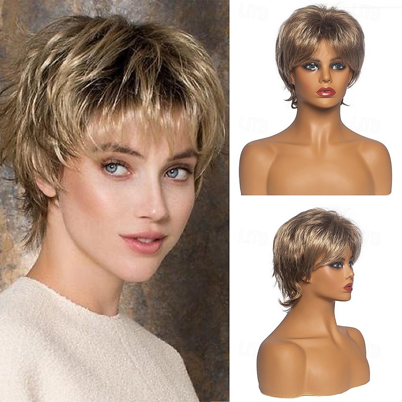 Brown Mix Blonde Curly Pixie Wigs for White Women Short Fluffy White Hair with Bangs Natural Synthetic Heat Resistant Wig