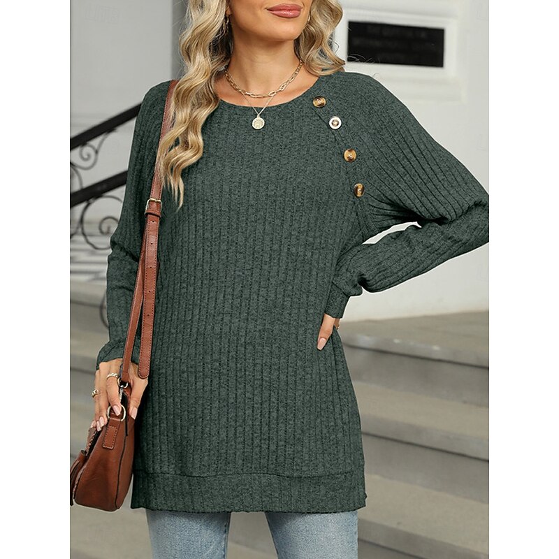 Women's T Shirt Plain Fashion Modern Casual Long Sleeve Crew Neck Regular Tops Daily Weekend Buttons Pink Blue Green Khaki Fall Winter 10