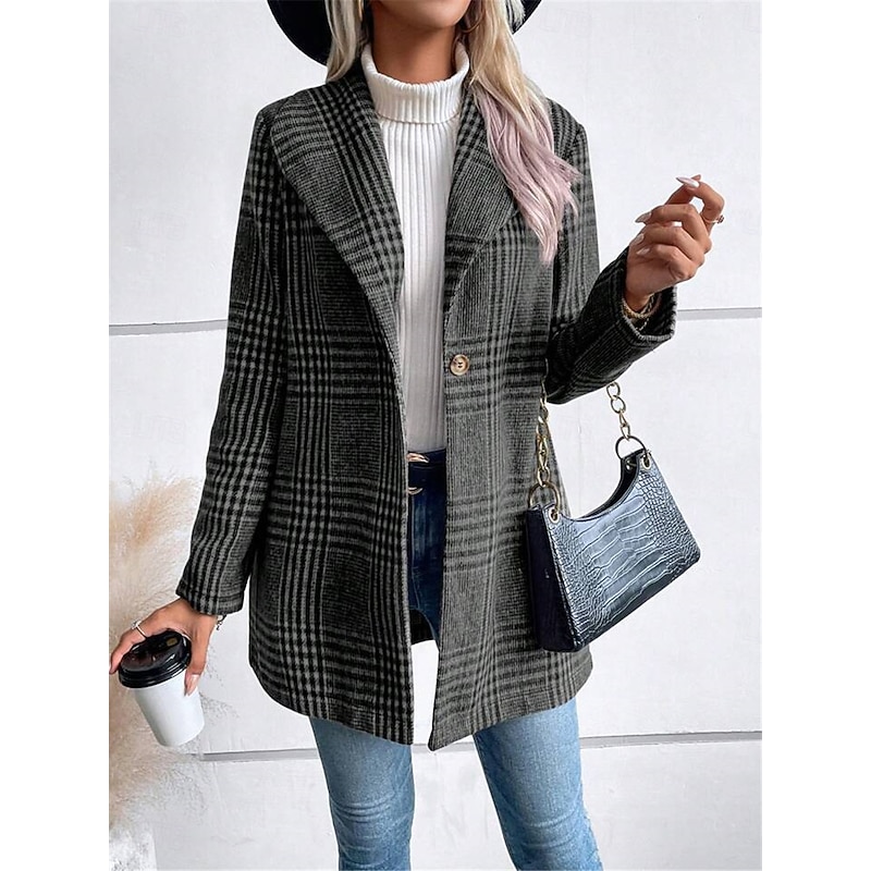Women's Casual Jacket Outdoor Street Daily Wear Fall Winter Regular Coat Regular Fit Thermal Warm Breathable Stylish Casual Jacket Long Sleeve Stripes and Plaid with Pockets Print Red Camel Gray4