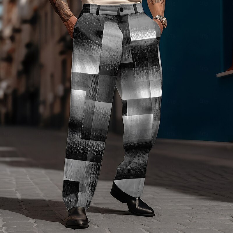 Men's Geometric Plaid Color Block Dress Pants Mid Waist Business Casual Formal Street Dailywear Zipper Pocket Straight Leg Trousers Summer Spring Fall 3D Print Black Blue Brown