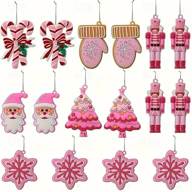 24pcs Christmas Pink Wooden Ornaments, Xmas Tree Pendant Decoration - Vintage Pink Gingerbread, Mittens, Nutcracker, Santa, Trees, and Snowflakes for Christmas