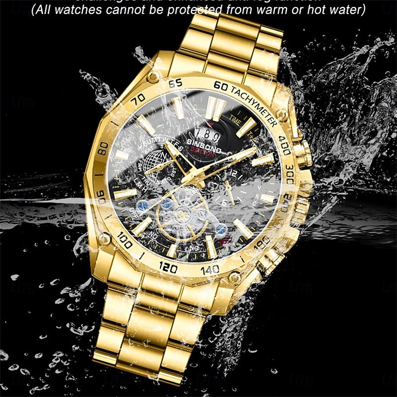 BINBOND Luxury Gold Watch Men Round Japan Quartz stainless steel Waterproof Sports Automatic Date Wrist Quartz Watch B47502