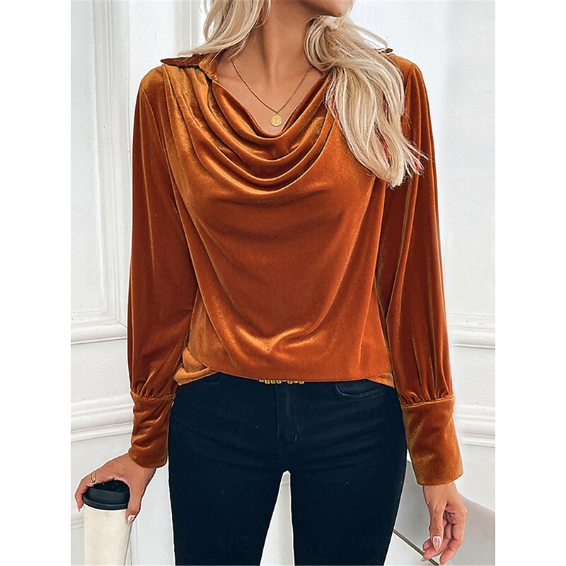 Women's Shirt Velvet Elegant Dressy Solid Color Casual Long Sleeve Cowl Neck Regular Tops Daily Brown Fall Winter4