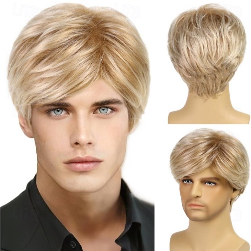 Mens Short Wig Curly With Bangs Wig Short Brown Grey Blonde Synthetic Hair Women's Blonde Brown Gray