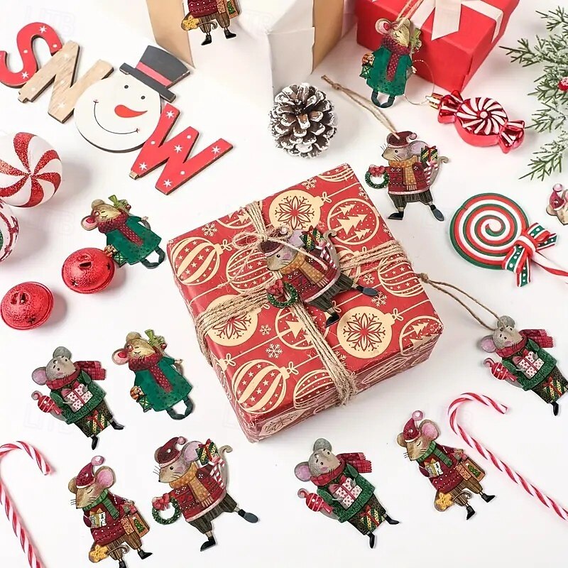 24pcs Wooden Mouse Christmas Ornaments, Handmade Animal Pendants for Tree Decoration, Rustic Farmhouse Holiday Charm, Seasonal Non-Illuminated Decor, Animal-Themed Hangings and Toppers2