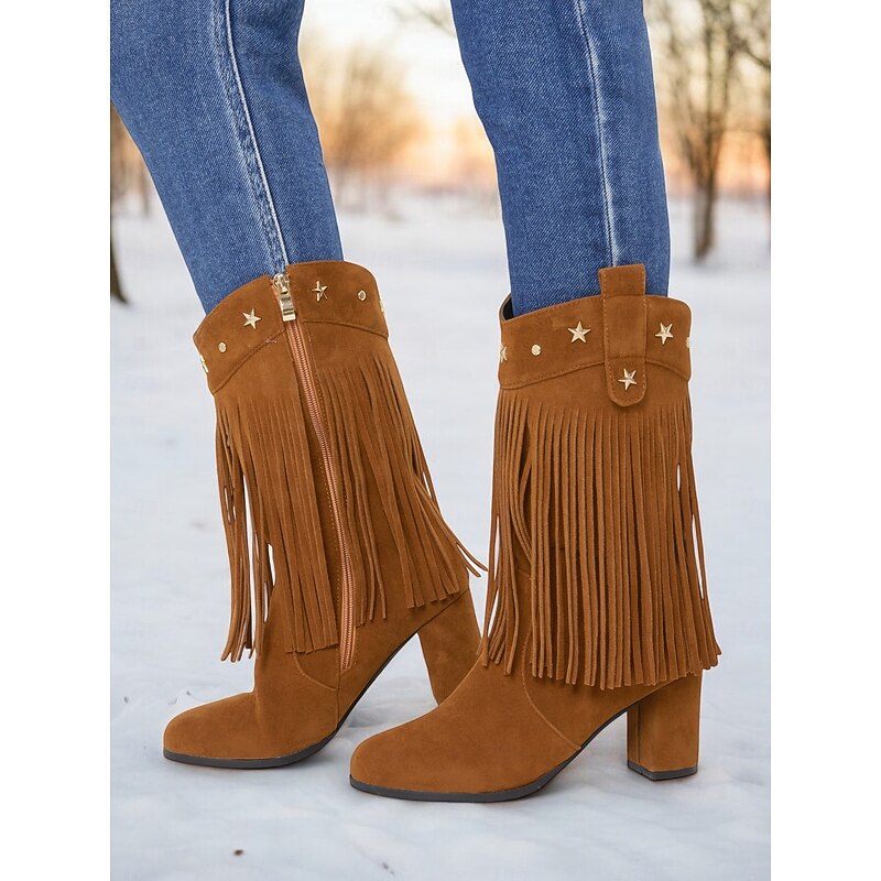Women's Faux Suede Fringe Mid-Calf Boots with Star Studs - Western Style Block Heel Cowgirl Boots for Fall and Winter