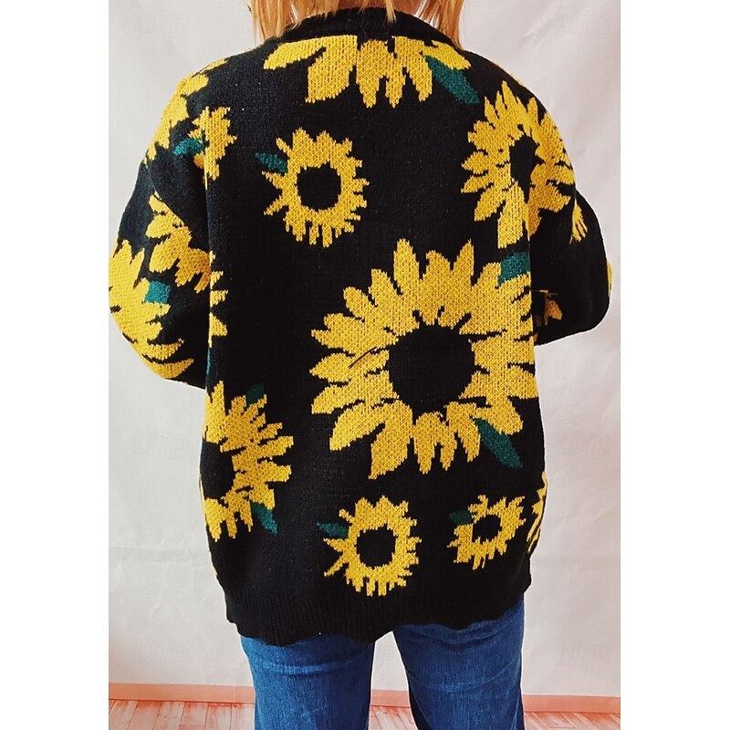 Women's Sweater Pullover Sweater Jumper Casual Soft Floral Ribbed Crew Neck Knitted Long Sleeve Regular Tops Knit Outdoor Daily Weekend Black Blue Fall Winter2