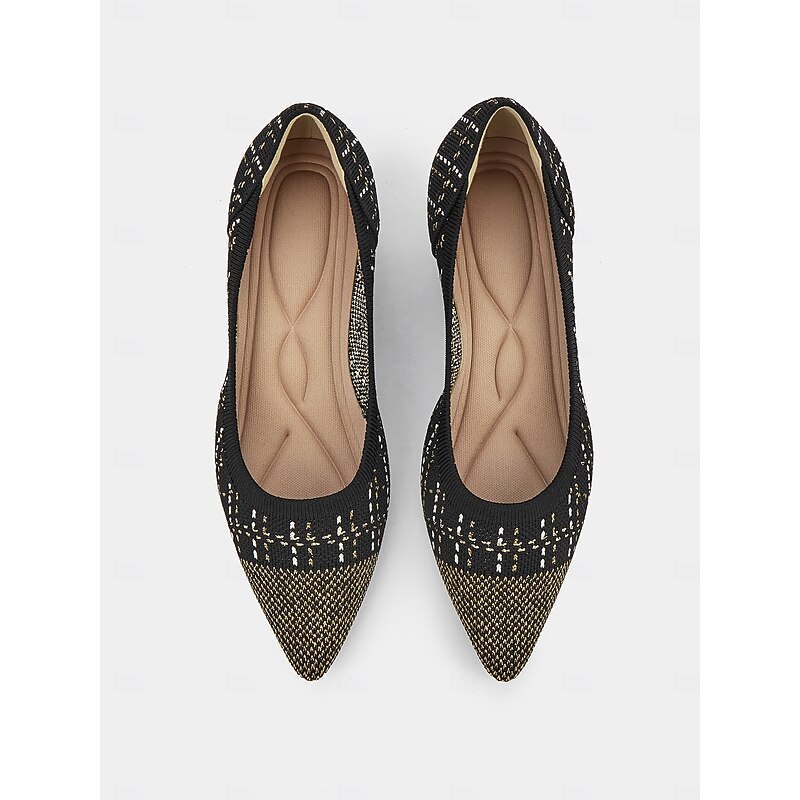 Women's Elegant Black Kitten Heels - Pointed Toe with Gold Thread Detailing, Comfortable and Stylish for Office and Evening Wear