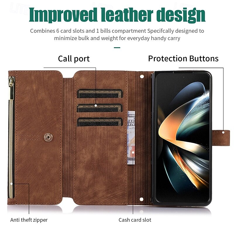 Phone Case For Z Fold 6 Z Fold 5 Z Fold 4 Z Fold 3 Back Cover with Stand Holder Zipper with Lanyard Retro TPU PU Leather2