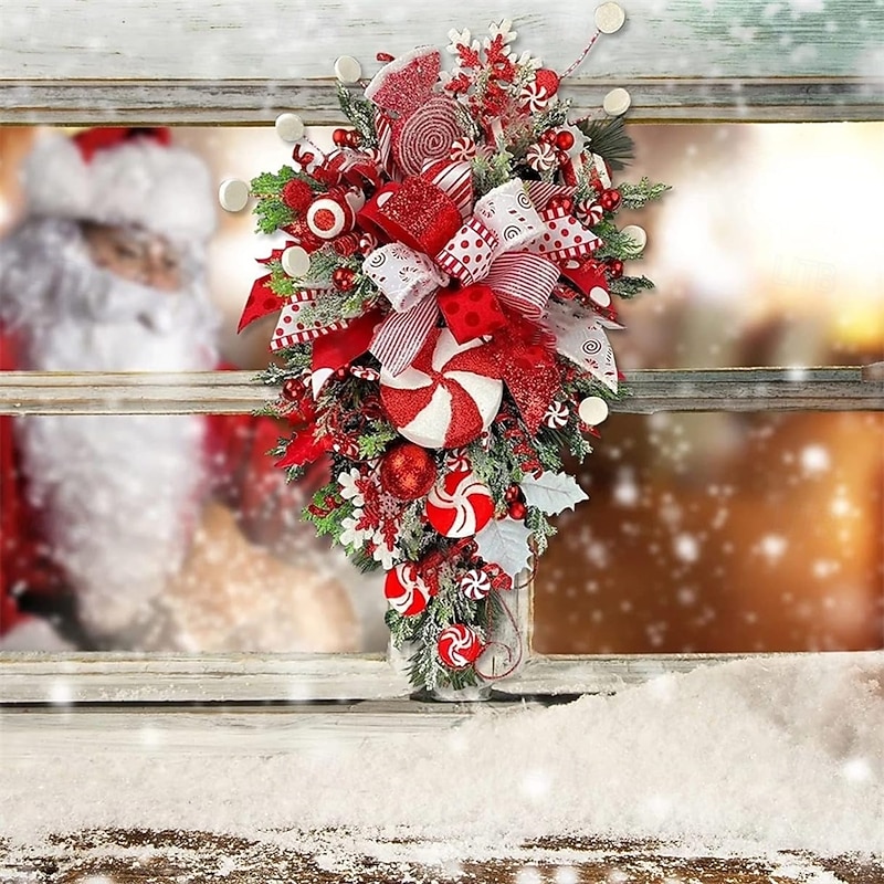 Christmas Garland Candy Flower Plant Upside Down Tree Wreath Xmas Upside Down Tree Garland Hanging Christmas Candy Bow Hanging Christmas Door Hanging Wall Decoration3