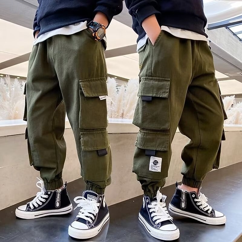 Kids Boys Pants Trousers Patchwork Pocket Solid Color Breathable Soft Comfort Pants Outdoor Daily Basic Black Green Mid Waist3