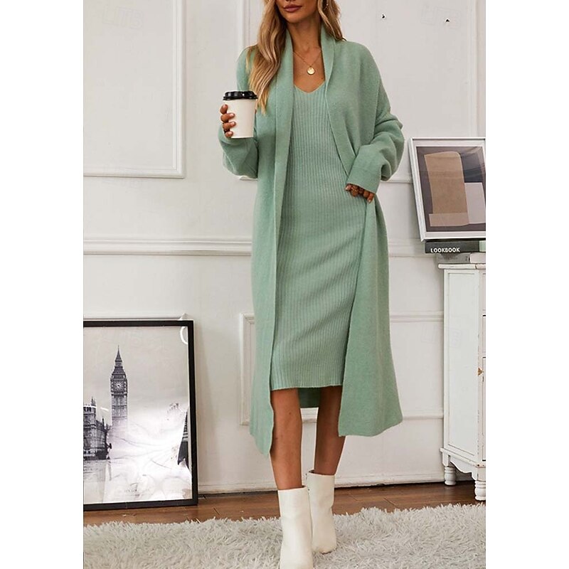 Women's Sweater Dress Sweater Co-ords Sweater Set Casual Soft Pure Color Ribbed Strap Knitted Long Sleeve Long Tops Knit Outdoor Daily Weekend Green Khaki Fall Winter3