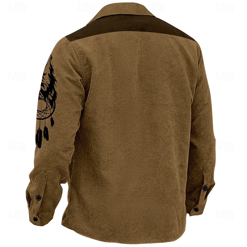 Men's Wolf Cowboy Corduroy Shirt Shirt Jacket Overshirt Long Sleeve Vintage Tribal Outdoor Dailywear Fall & Winter Turndown Collared Shirts Buttons 3D Print 2 Pockets 1pc Brown2