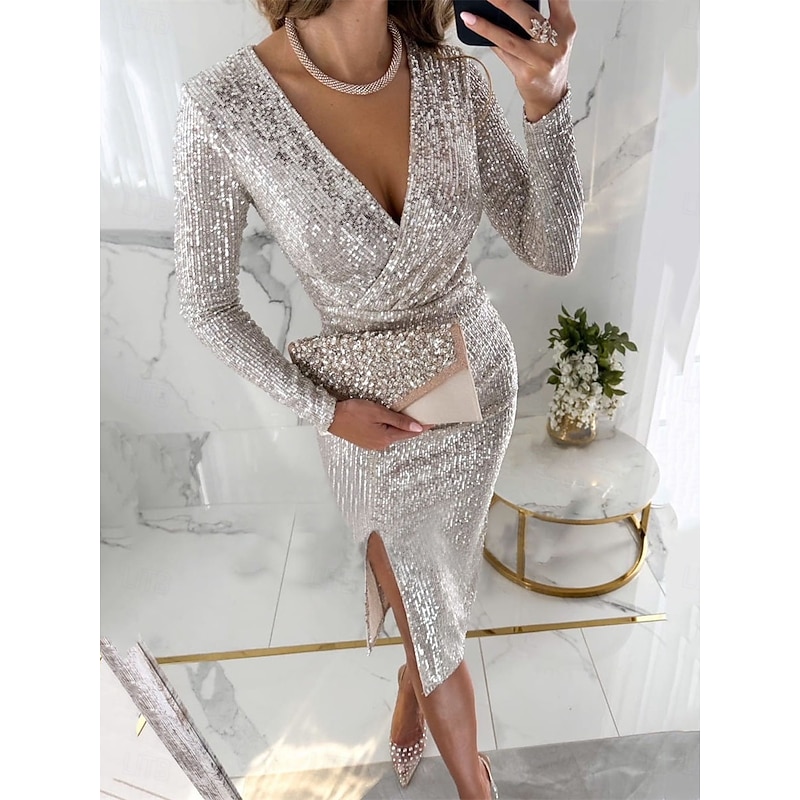 Women's Midi Dress Sequin Dress Casual Dress Elegant Dress Casual Sports & Outdoor Street Evening Party Regular Fit Plain Long Sleeve V Neck Silver Black Wine Fall Winter