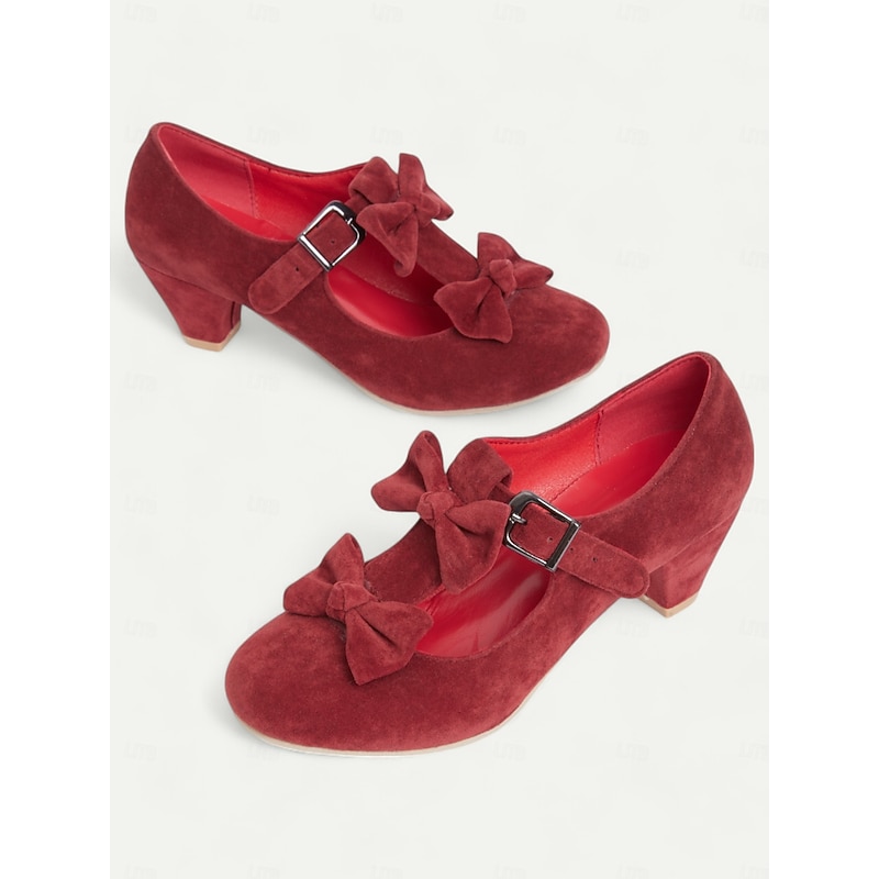 Women's Vintage Mary Jane Heels with Bowknot Decoration – Red Suede Chunky Mid Heel Shoes for Formal Events