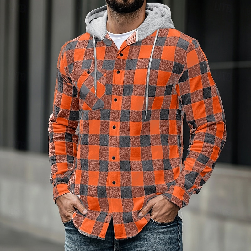 Men's Casual Shirt Flannel Shirt Thick Shirt Flannel Jacket Plaid Sports & Outdoor Street Black Red Blue Purple Long Sleeve Hooded Winter Spring &  Fall Clothing Apparel Check Pattern