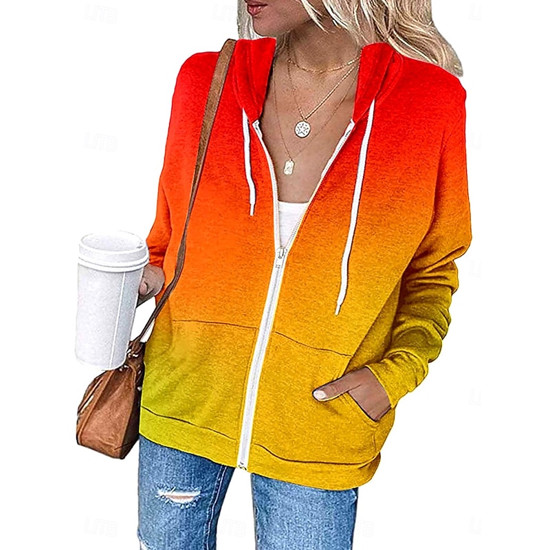 Women's Casual Jacket Hoodie Jacket Outdoor Street Daily Wear Fall Winter Regular Coat Regular Fit Thermal Warm Breathable Stylish Casual Jacket Long Sleeve Color Gradient with Pockets Print Orange