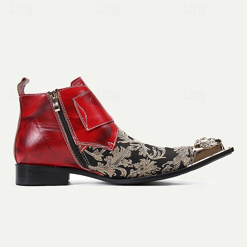 Men's Floral Jacquard Leather Ankle Boots–Premium Cowhide, Red and Black Brocade Design with Gold Tip Double Buckle Straps and Gold-Tipped Decorative Toes3